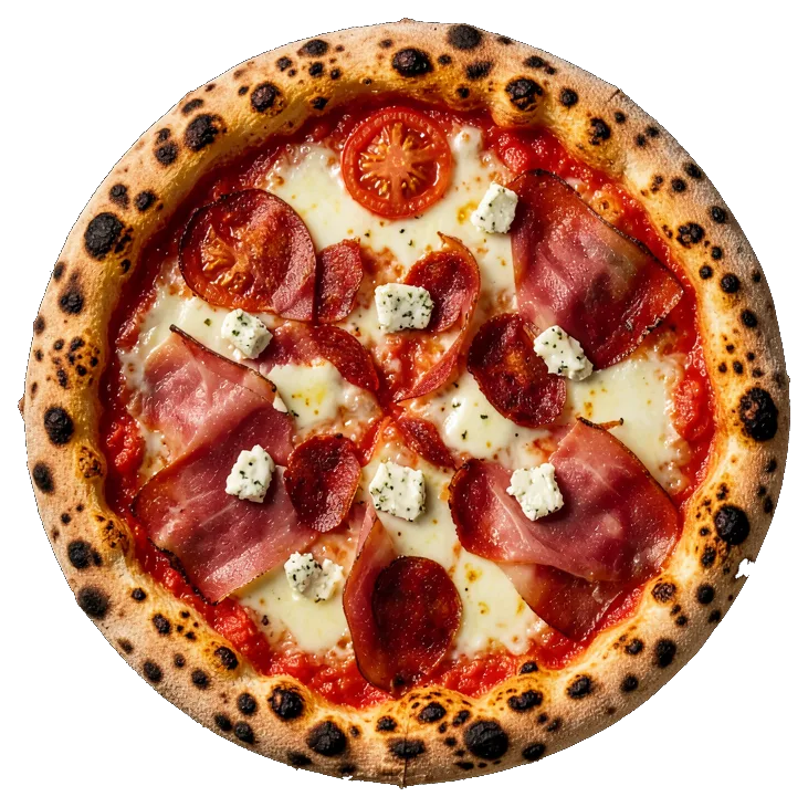 Pizza Serrano, chorizo y queso de cabra al horno de leña