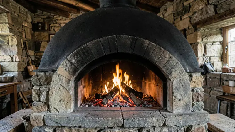 Horno de leña encendido, frontal